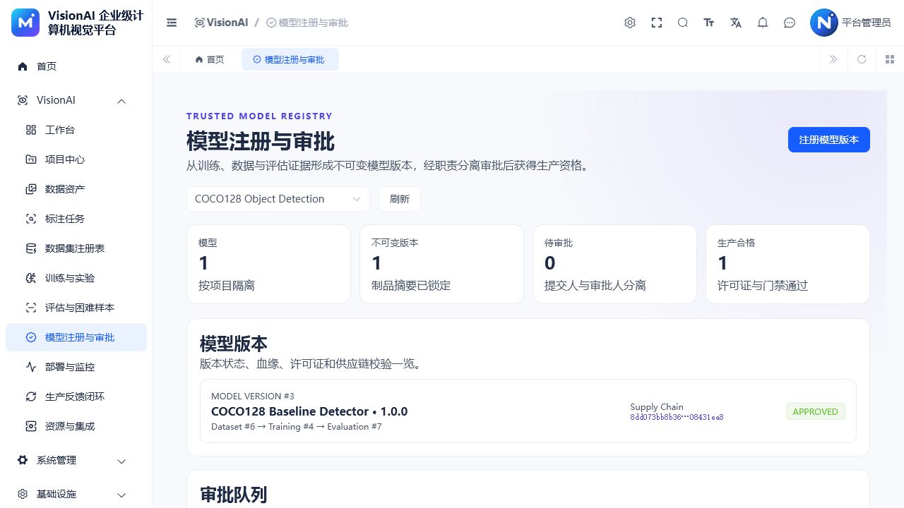 VisionAI 模型注册与审批页面，展示模型版本、关联信息、审批状态和职责分离