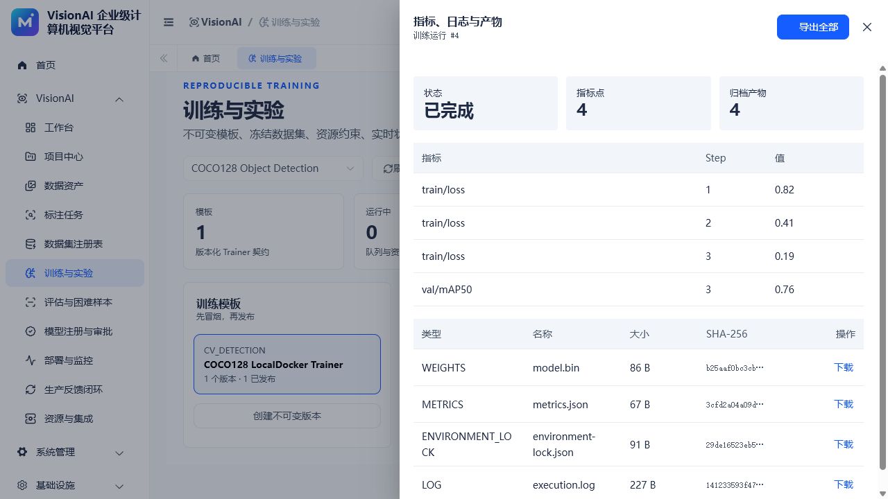 VisionAI 训练产物下载与导出页面